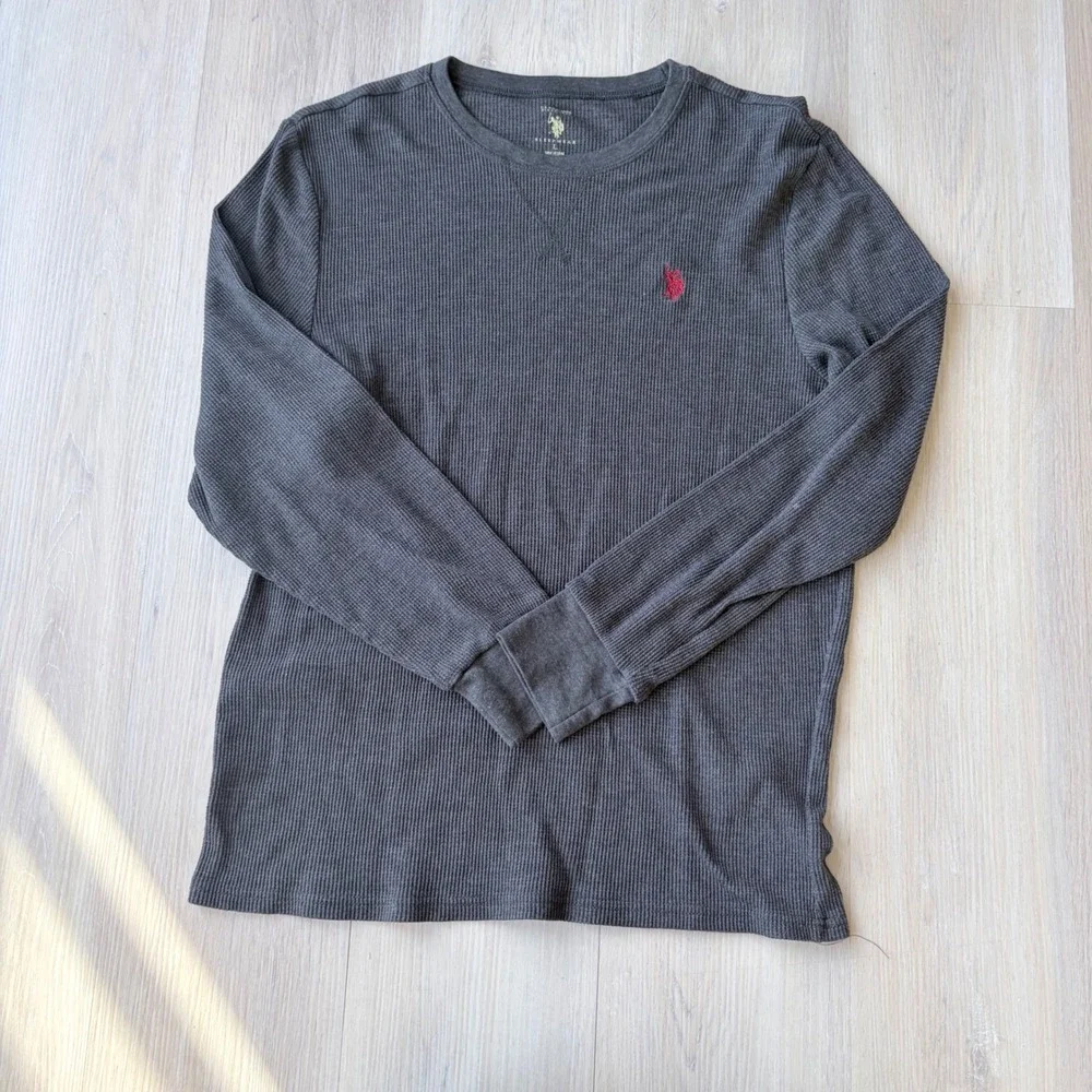 US Polo Assn Mens Sleepwear Thermal Shirt Gray Waffle‎ Knit Long Sleeve Large